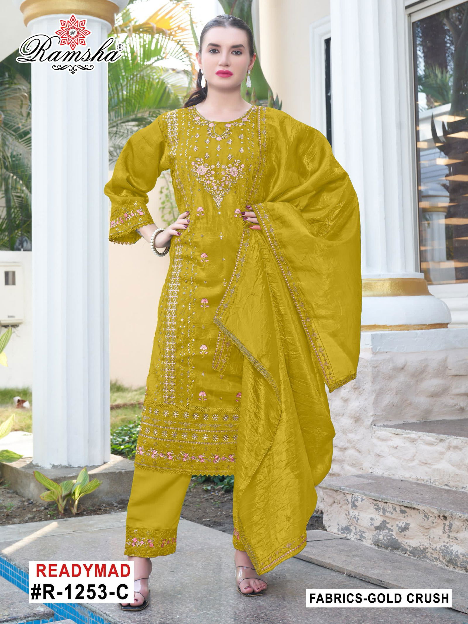 R 1253 Nx By Ramsha Gold Crush Readymade Suits Suppliers In India